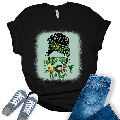 One Lucky Nurse T Shirt St Patricks Day Shirt Womens Messy Bun Graphic Tee