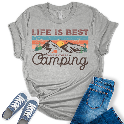 Womens Hiking Mountain Shirt Camping Nature Sunrise Pine Tree Tops Short Sleeve Regular Fit Graphic Tees