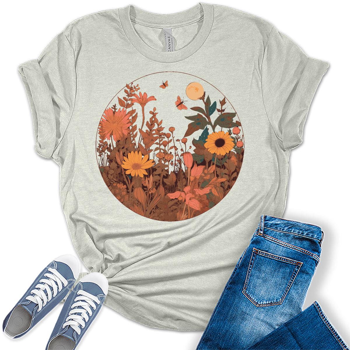 Womens Floral Shirts Trendy Wildflower Vintage Graphic Tees Casual Cottagecore Short Sleeve T Shirts