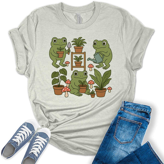Womens Frog Shirts Plant Vintage Graphic Tees Spring Cottagecore T Shirts Bella Summer Tops