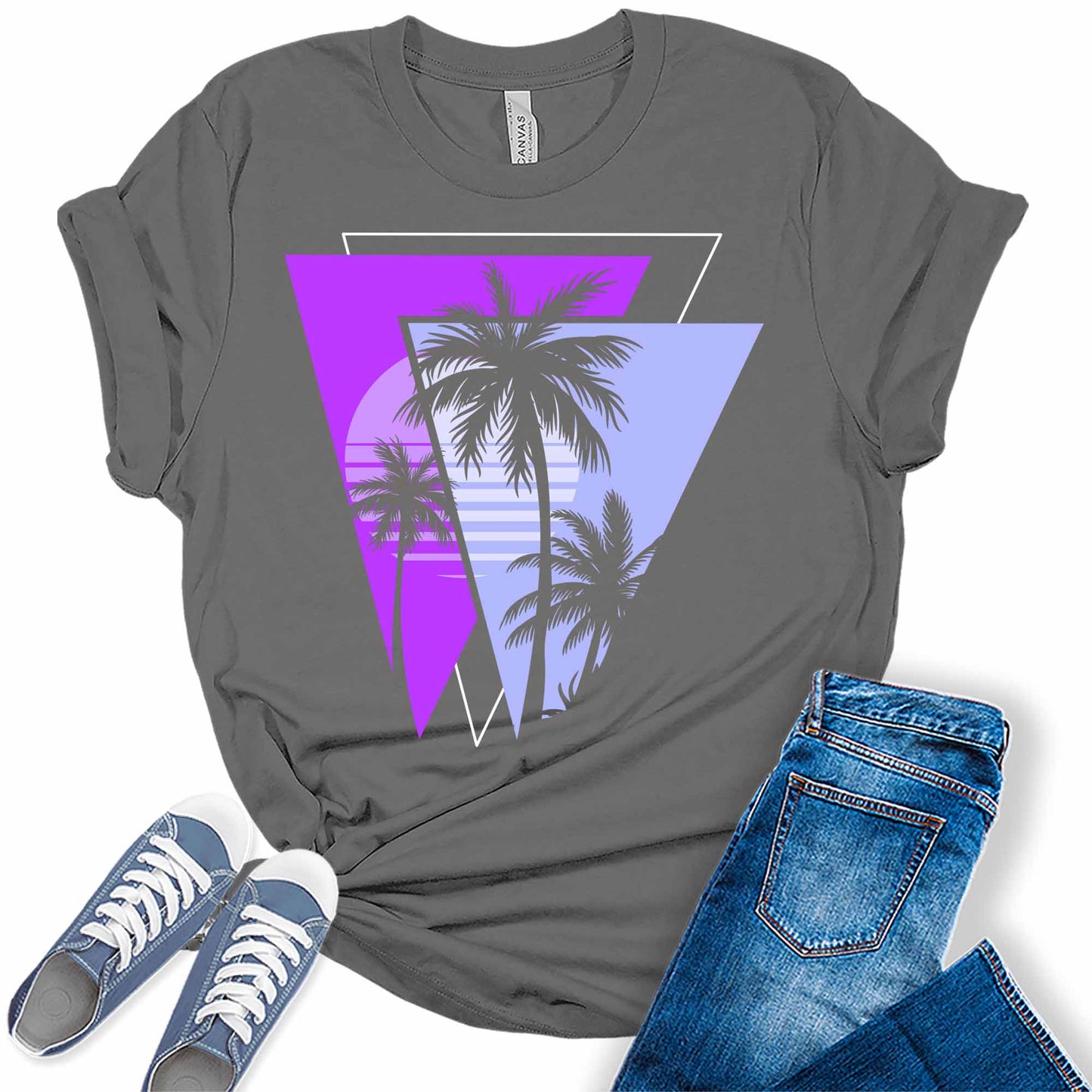 Palm Trees 80s Summer Vacation Beach Graphic Tees for Women