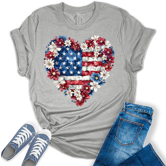 Womens 4th of July Shirt Flower Heart USA Short Sleeve Graphic Tees