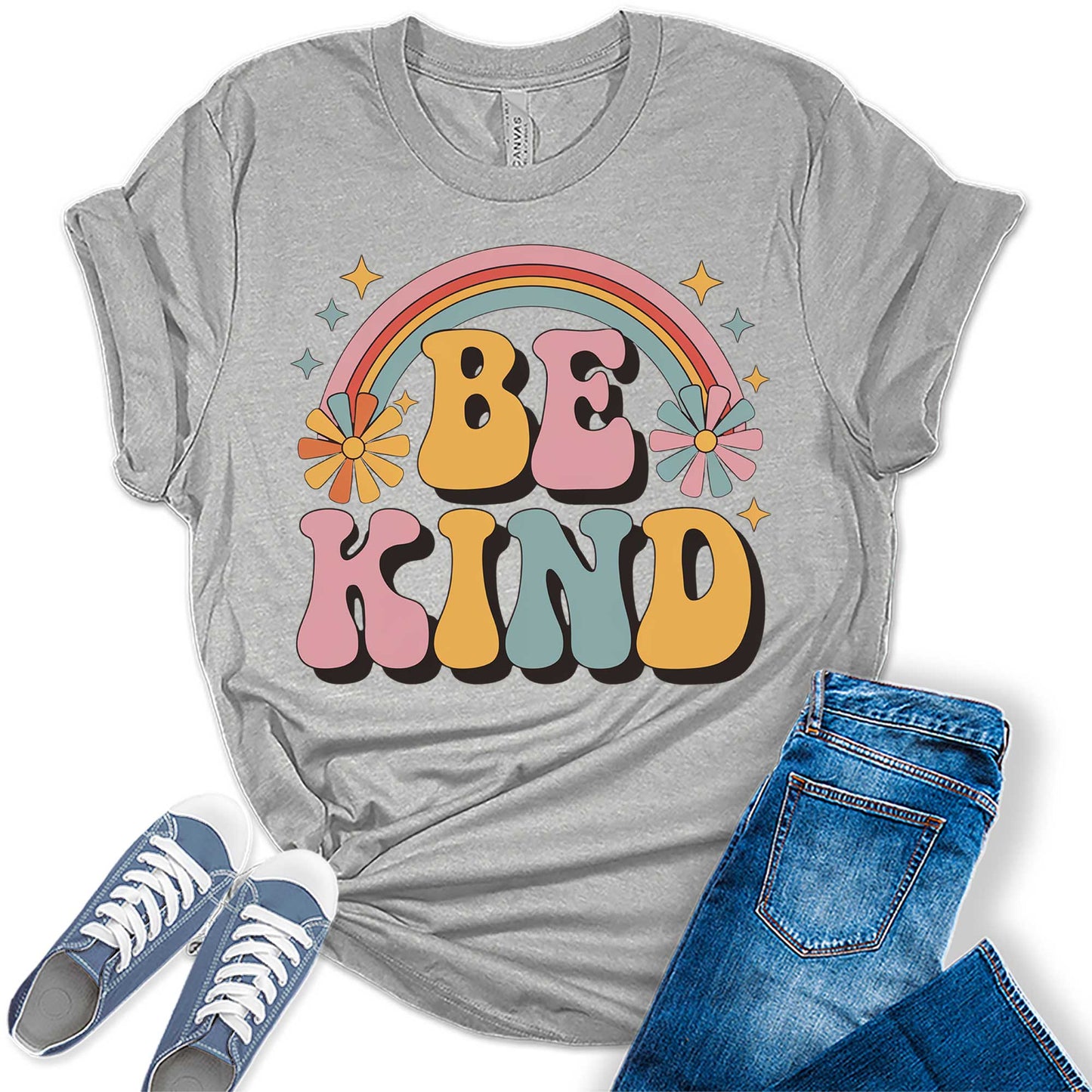 Womens Be Kind Floral Vintage Retro Rainbow Trendy Graphic Tees