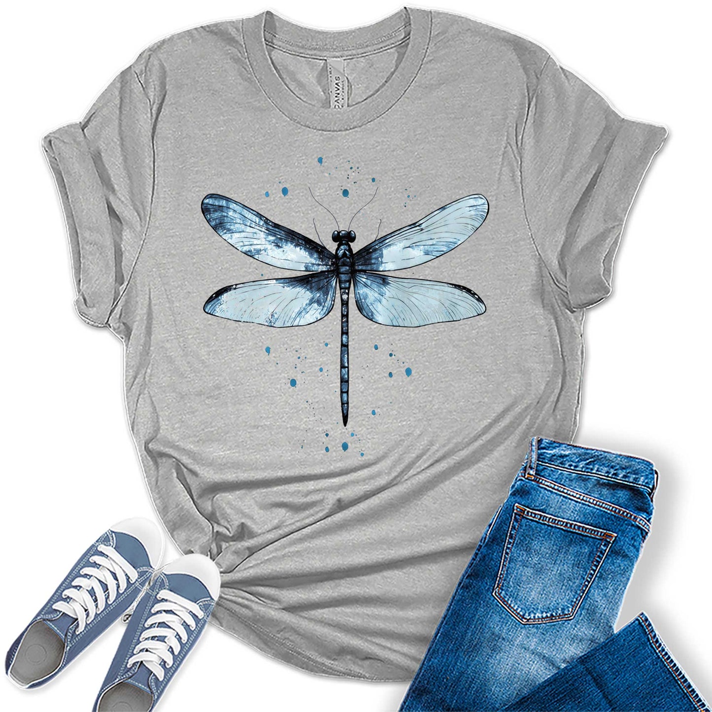 Women's Graphic Tees Casual Summer Vintage Dragonfly Printed Short Sleeve Cute T Shirts Tops