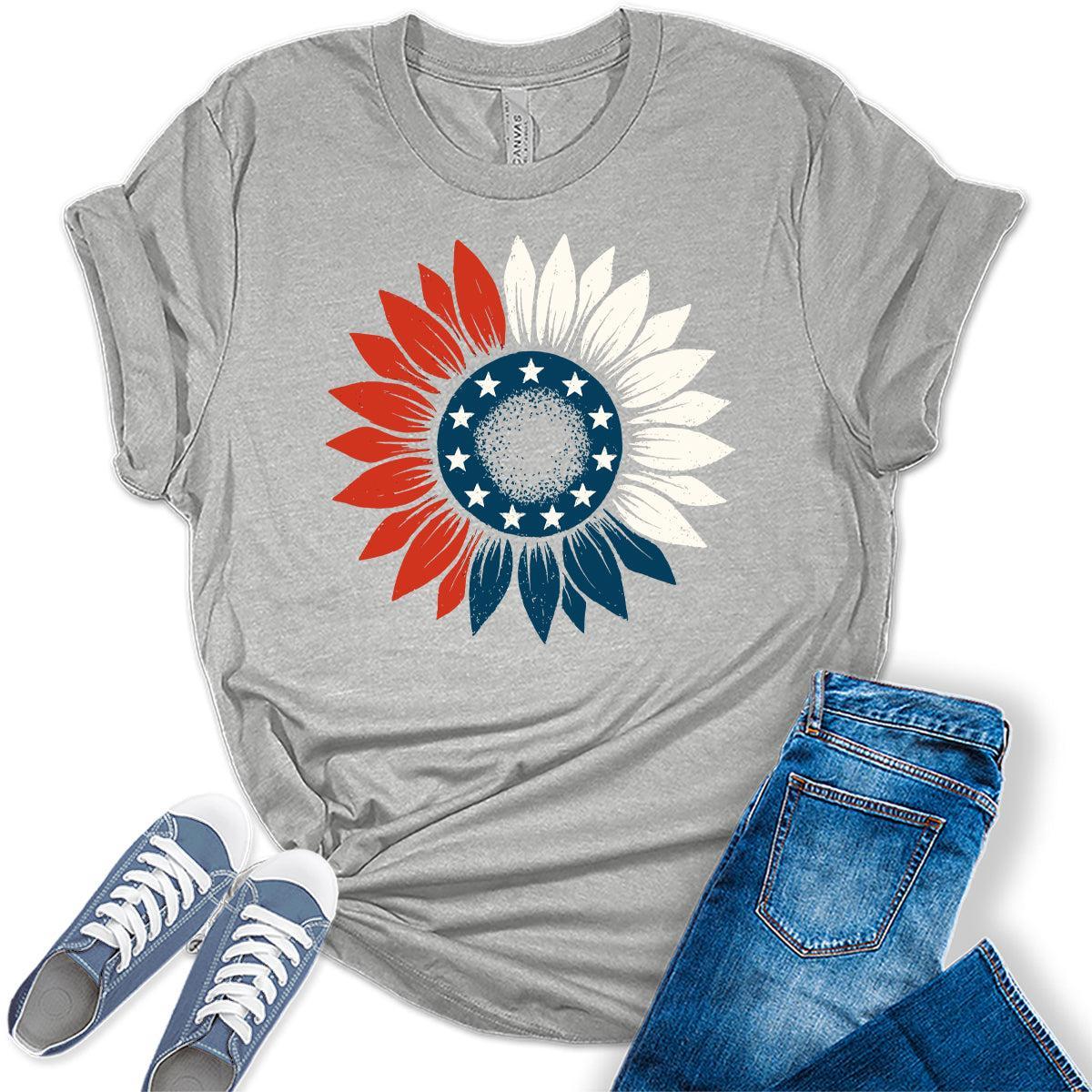 4th of July Shirts For Women Patriotic Graphic Tees Sunflower Bella Plus Sized Tops