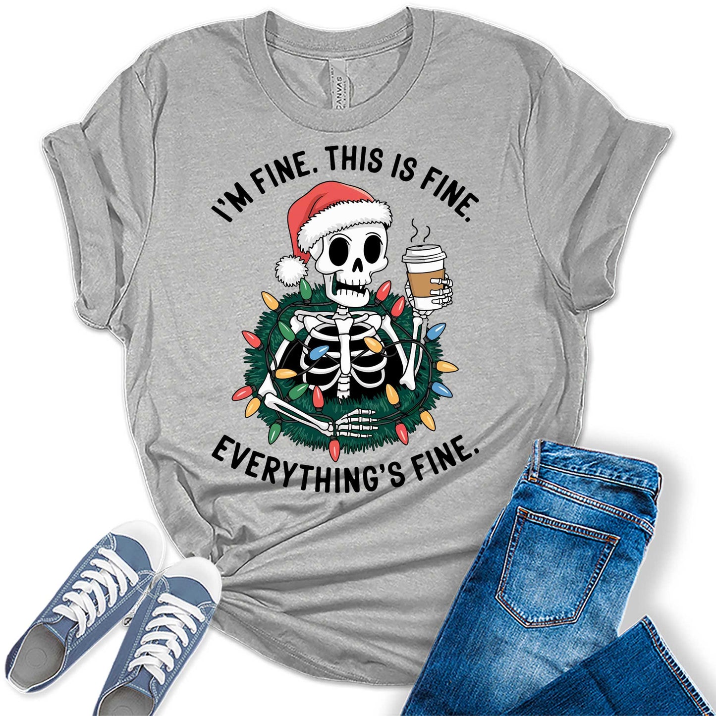 Women's Its Fine This Is Fine Christmas Skeleton Graphic Tees