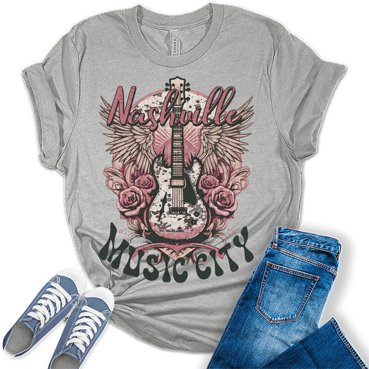 Music City Guitar Shirt Nashville T Shirt Concert Graphic Tees for Women