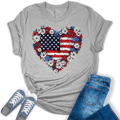 4th of July Patriotic Heart American Flag Graphic Tees for Women