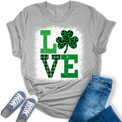 Love Shamrock Plaid T Shirt St Patricks Day Shirt Womens Bleach Print Graphic Tees