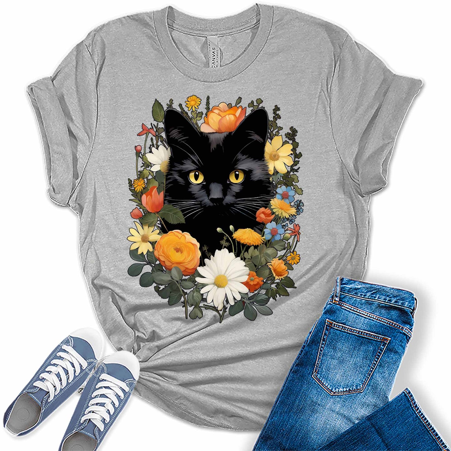 Wild Black Cat Flowers Graphic Tees for Women