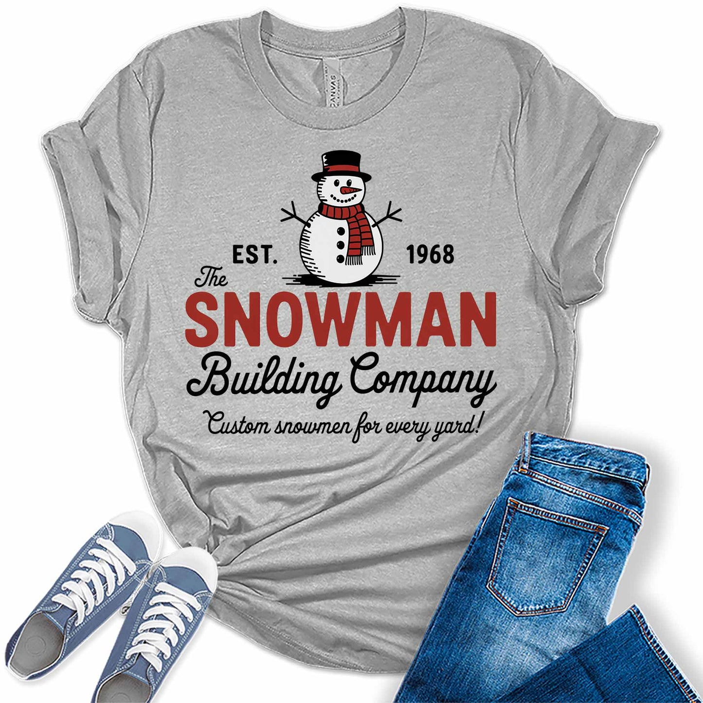 Women's Snowman EST. 1968 Building Company Christmas Graphic Tees