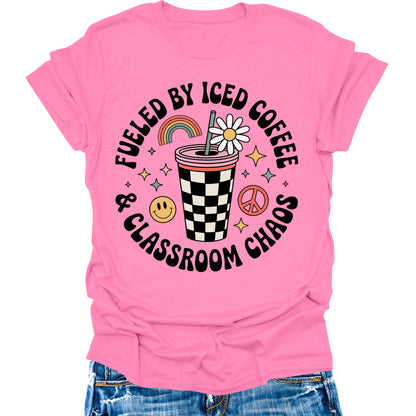 Fueled By Caffeine and Chaos Teacher Shirt Retro Vintage Funny Back to School Graphic Tees Womens Tops