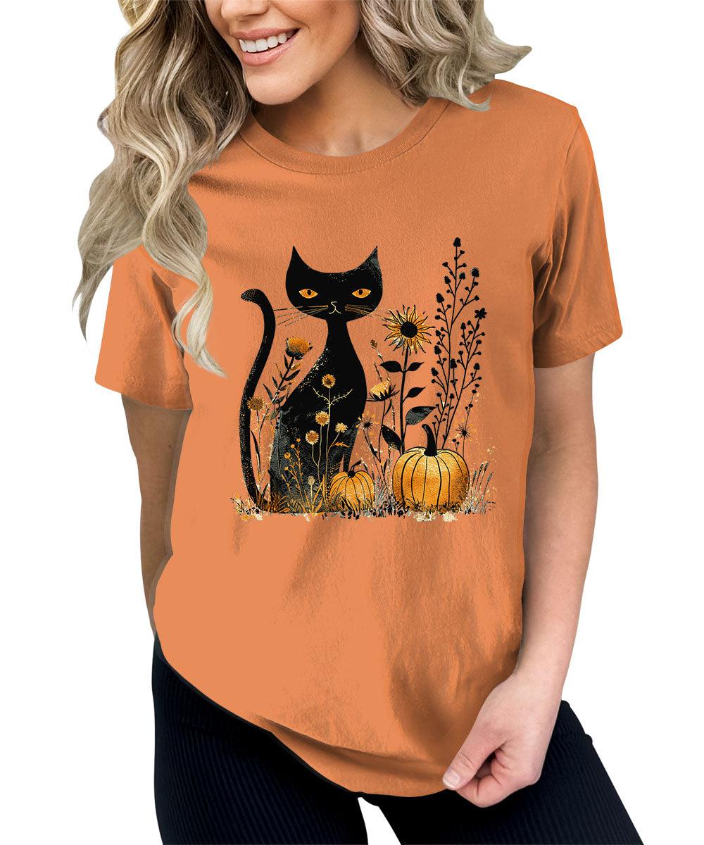 Cat Pumpkin Shirt Boho Halloween Short Sleeve Fall Plus Size Tops For Women