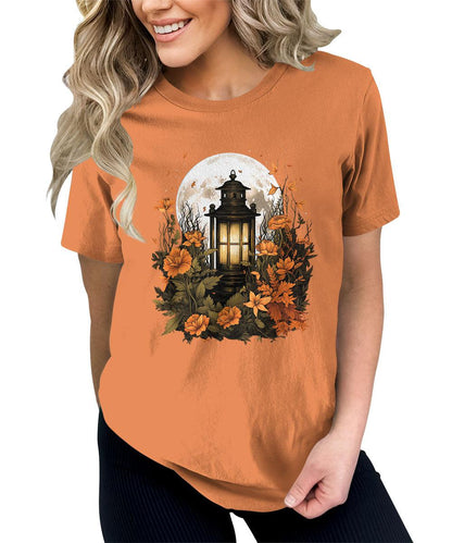 Fall Lantern Shirt Halloween Graphic Tees Short Sleeve Plus Size Tops For Women