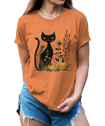 Cat Pumpkin Shirt Boho Halloween Short Sleeve Fall Plus Size Tops For Women