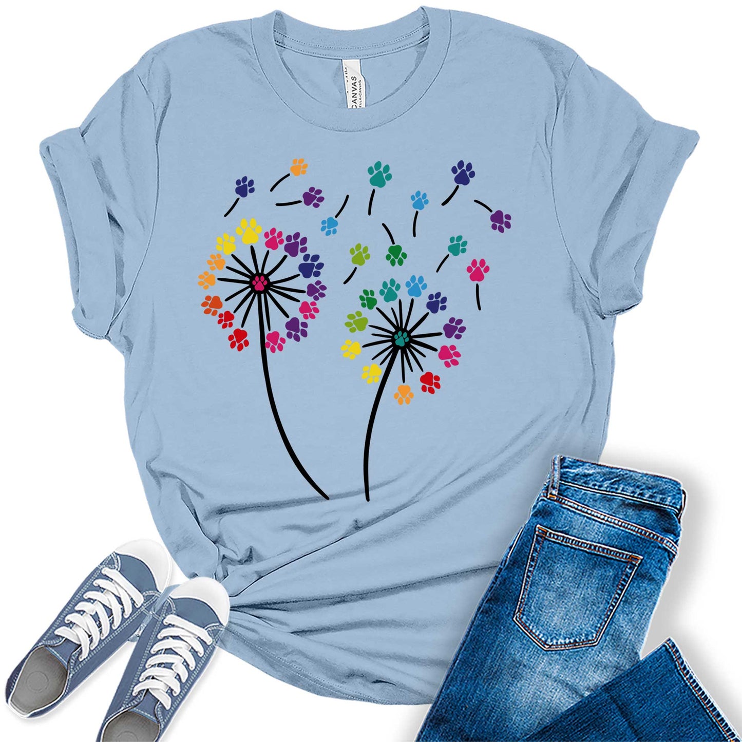 Women's Dandelion Graphic T-Shirts Loose Fit Cute Flower Paw Print Casual Tee Tops