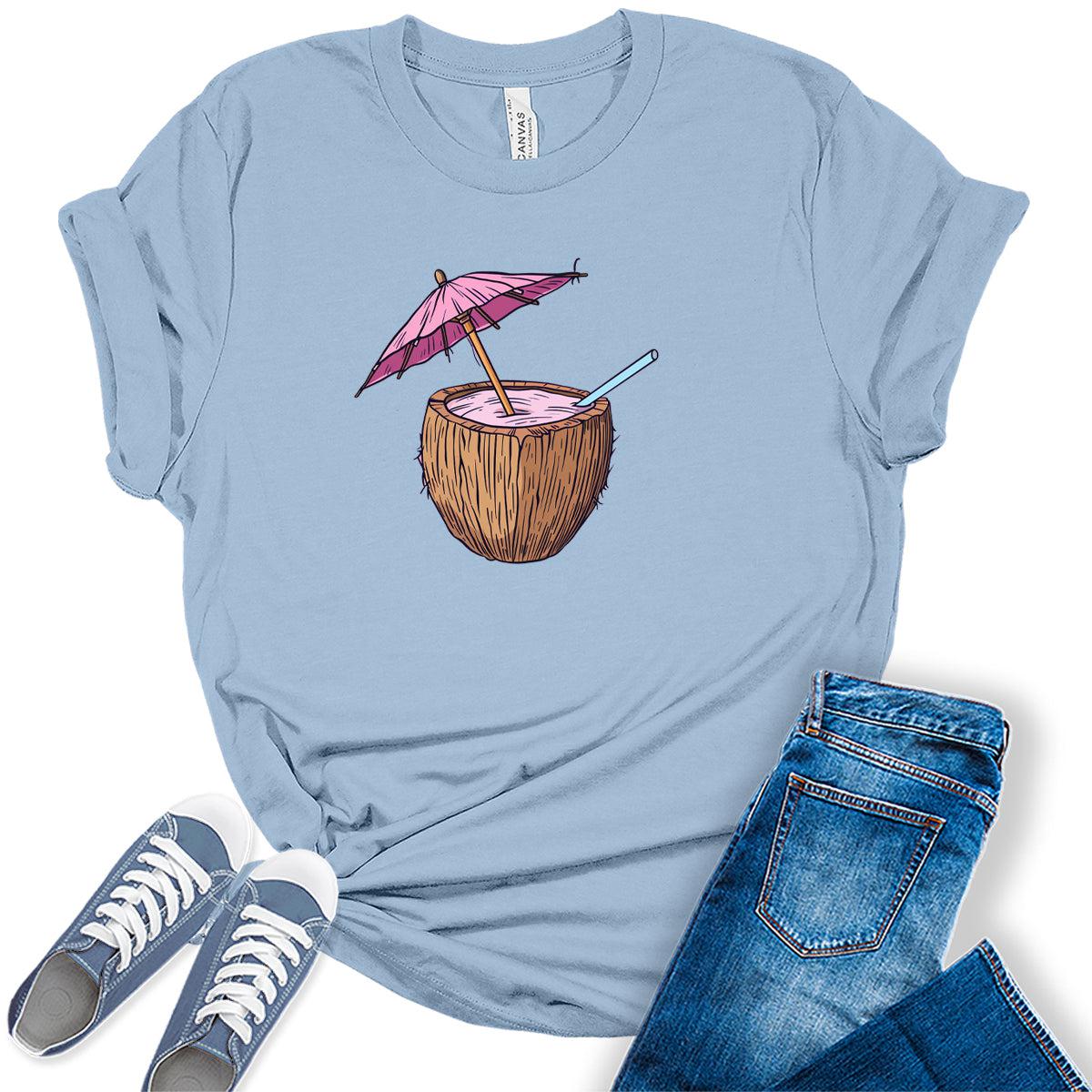 Summer Beach Umbrella Coconut Graphic Tees For Women