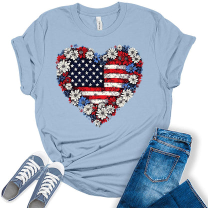 4th of July Patriotic Heart American Flag Graphic Tees for Women
