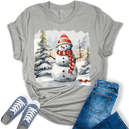 Merry Christmas Shirts for Women Holiday Snowman Cute Winter Graphic Tees