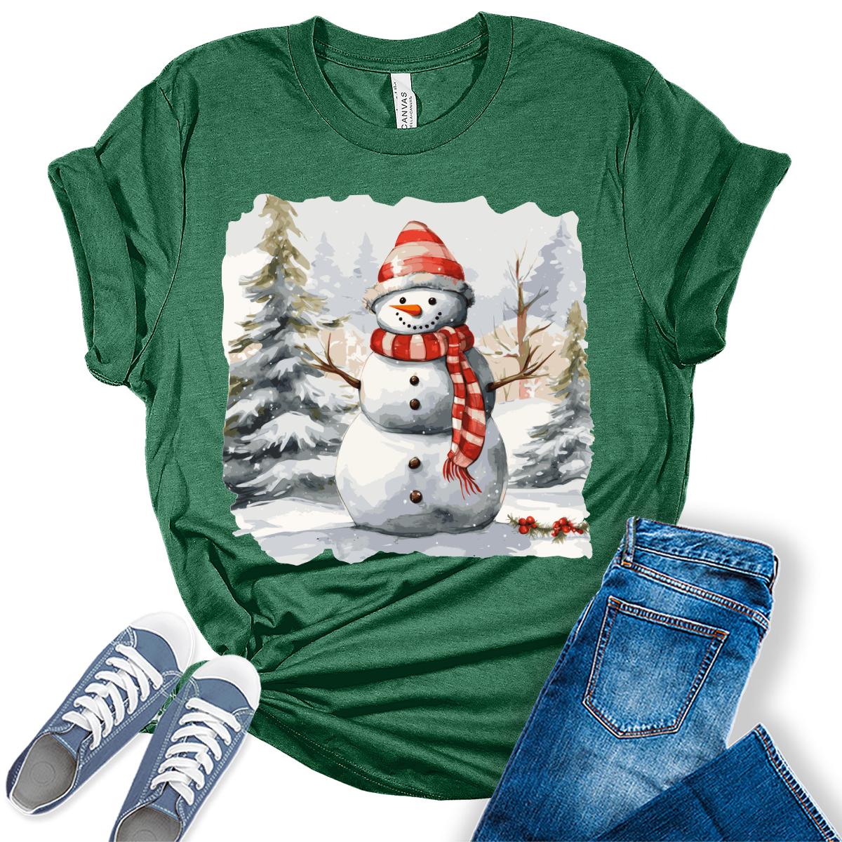 Merry Christmas Shirts for Women Holiday Snowman Cute Winter Graphic Tees