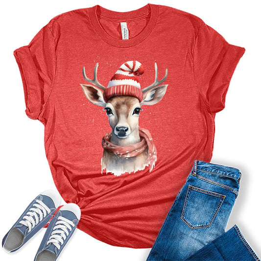 Christmas Deer with Scarf and Hat Shirt Cute Winter Xmas Tshirts Holiday Graphic Tees