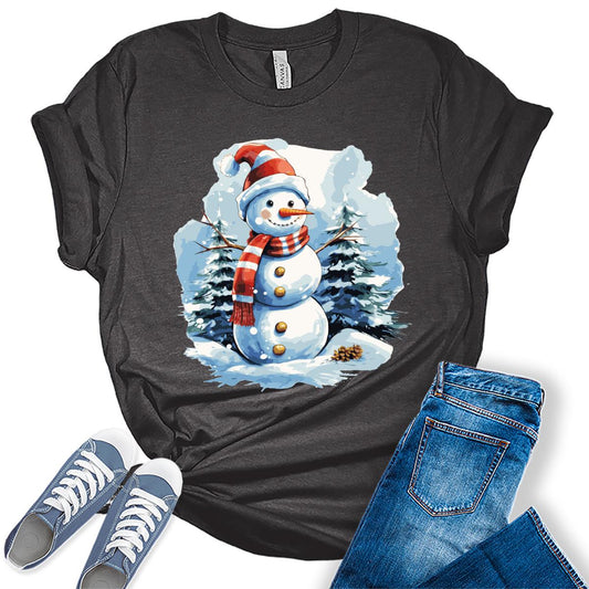 Cute Snowman Shirt Merry Christmas Shirts for Women Cottagecore Graphic Tees