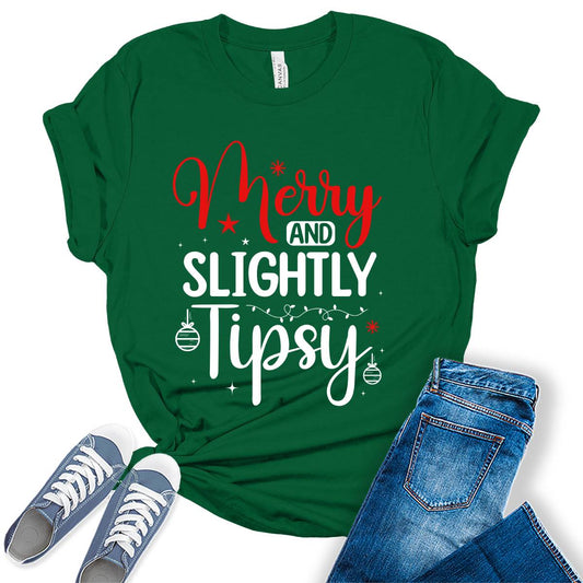 Merry And Slightly Tipsy Funny Drunk Christmas Womens T-shirt