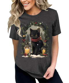Black Cat Christmas Candle Decor Funny Cat Lover Xmas Holiday T-shirt