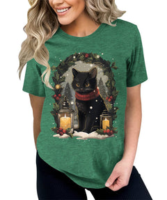 Black Cat Christmas Candle Decor Funny Cat Lover Xmas Holiday T-shirt