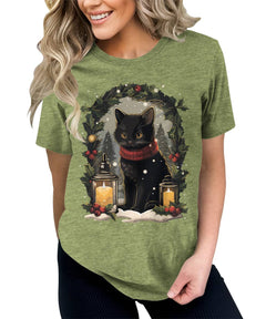 Black Cat Christmas Candle Decor Funny Cat Lover Xmas Holiday T-shirt