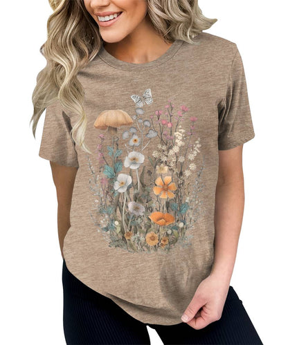 Wildflower Floral Flowercore Mushroom Butterfly T-shirt For Women