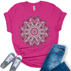 Pink Mandala Shirt Casual Vintage Graphic Tees for Women Short Sleeve Plus Size Summer Tops