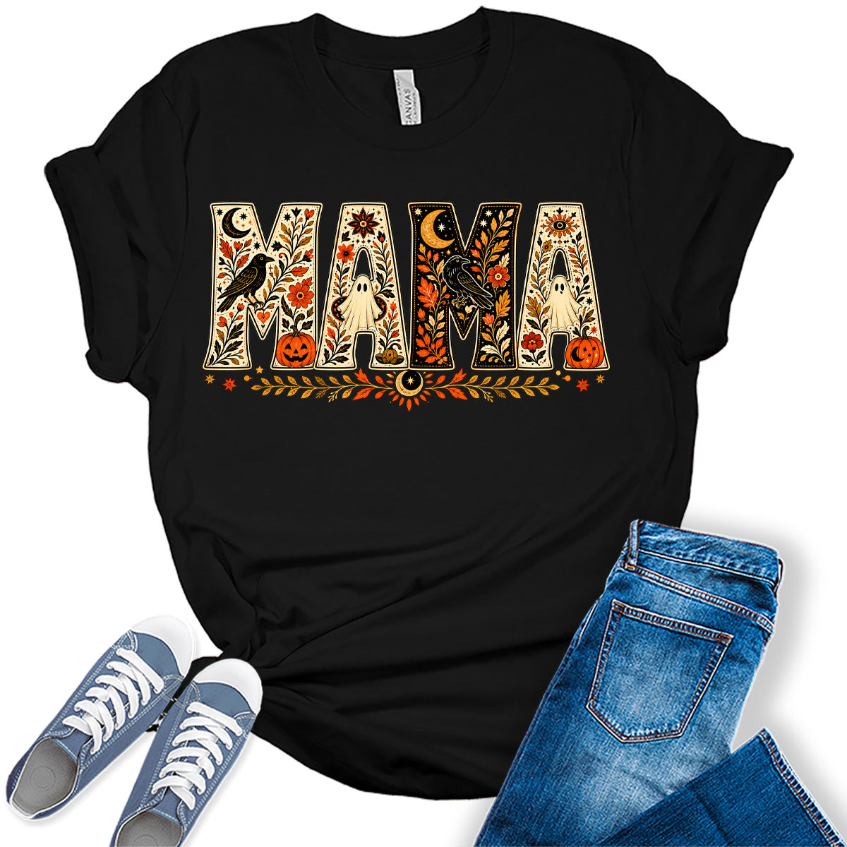 Women's Halloween Mama Shirt Vintage Fall Graphic Tees Short Sleeve Bella Autumn Tops
