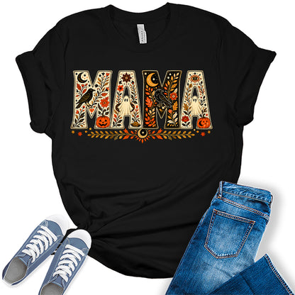 Women's Halloween Mama Shirt Vintage Fall Graphic Tees Short Sleeve Bella Autumn Tops