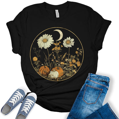 Fall Floral Pumpkin Shirt Halloween Graphic Tees Short Sleeve Plus Size Tops For Women