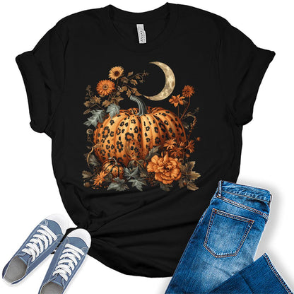 Women's Fall Leopard Print Pumpkin T Shirt Halloween Graphic Tees Plus Size Tops