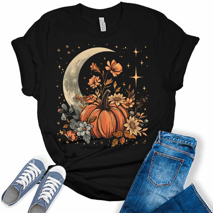 Fall Floral Pumpkin Moon Stars Graphic Tees for Women