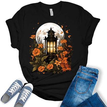 Fall Lantern Shirt Halloween Graphic Tees Short Sleeve Plus Size Tops For Women