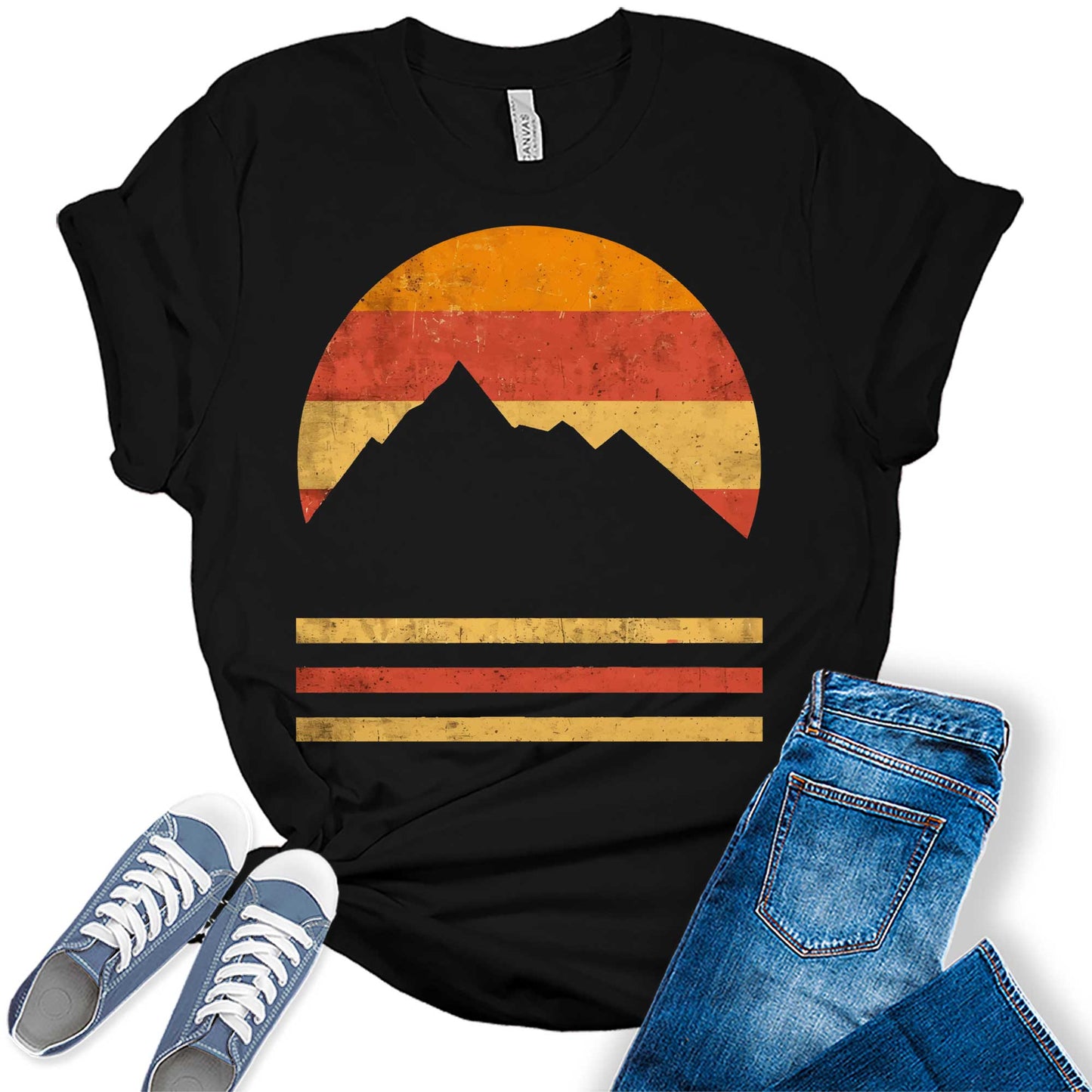 Vintage Sunset Mountains Silhouette Graphic Tees for Women