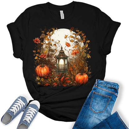 Moon Lantern Fall Floral Pumpkin Graphic Tees for Women