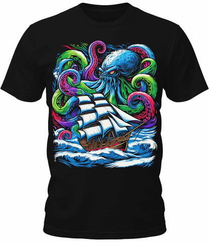 Mens Kraken Attacking A Ship Trippy Graphic Tee Cool Premium Tshirt