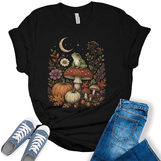 Womens Frog Mushroom Pumpkin Halloween Shirt - Cottagecore Fall Graphic Tee