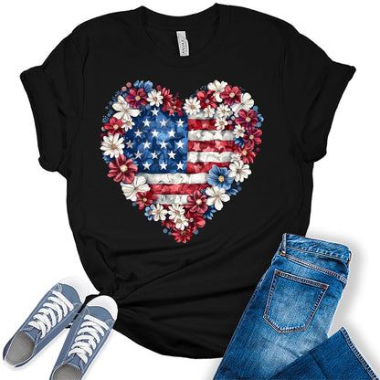 Womens 4th of July Shirt Flower Heart USA Short Sleeve Graphic Tees