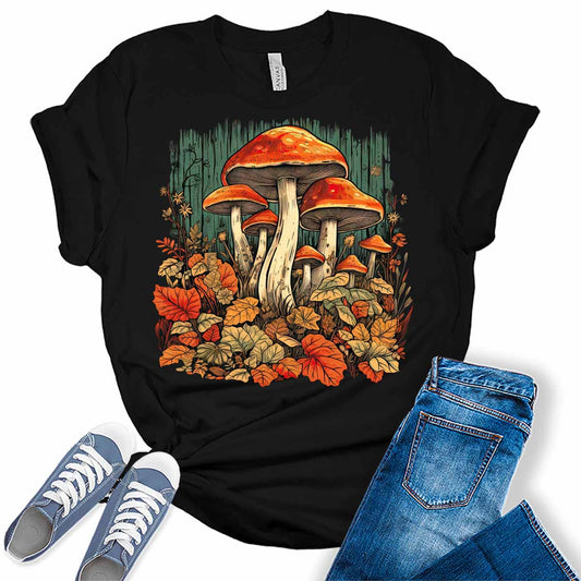 Mushroom Shirts Casual Frog Graphic Tees for Women Short Sleeve Cottagecore Tshirts Plus Size Fall Tops