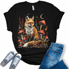 Fox Shirt Mushroom Crecent Moon T Shirt Cottagecore Aesthetic Trendy Graphic Tees for Women