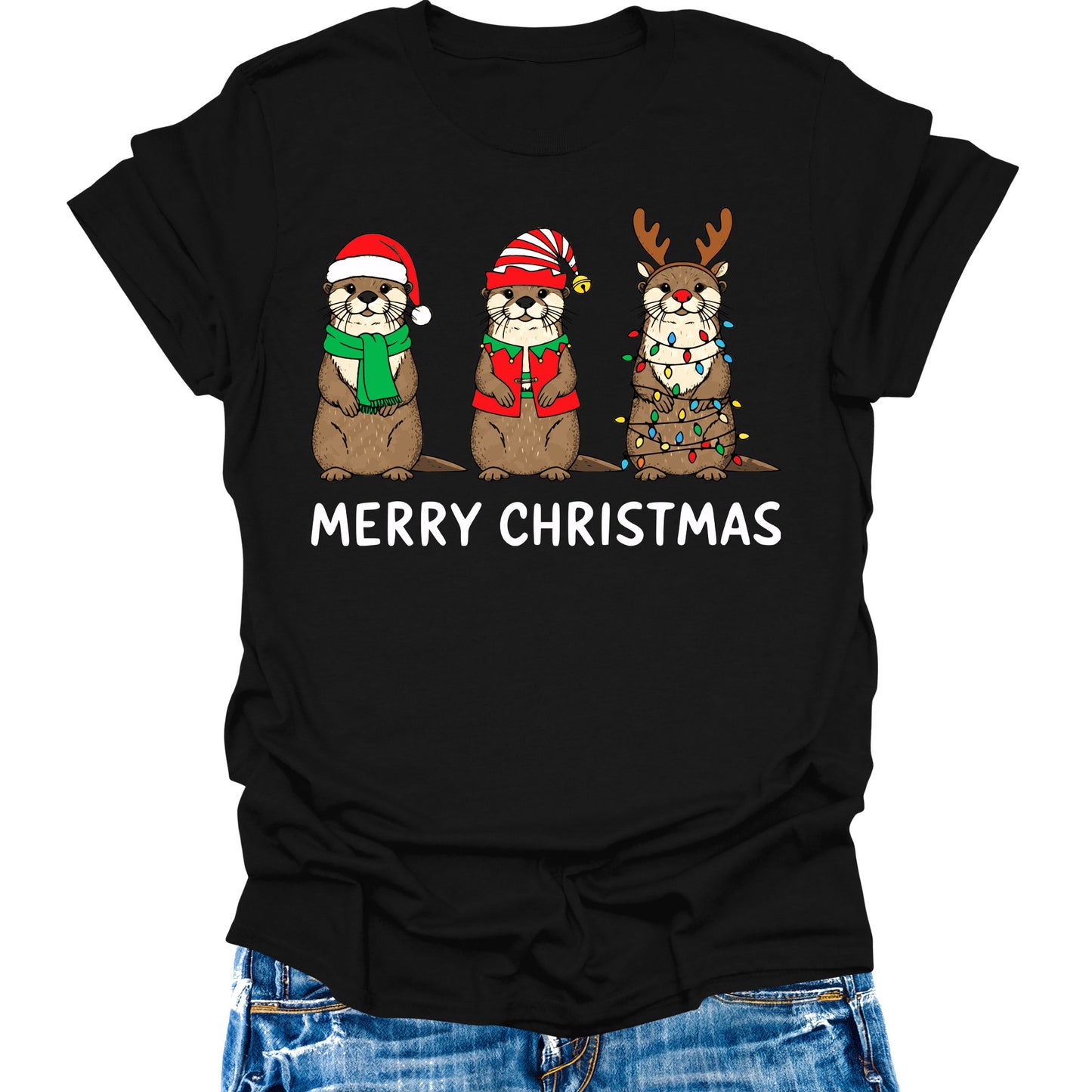 Otter Christmas Shirts For Women Graphic Tees Funny Merry Xmas Casual Short Sleeve Tops