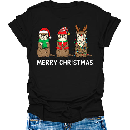 Otter Christmas Shirts For Women Graphic Tees Funny Merry Xmas Casual Short Sleeve Tops