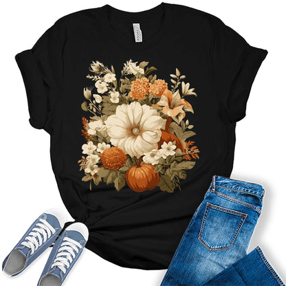 Women's Fall Floral Pumpkin Autumn Trendy Thanksgiving Graphic Tees