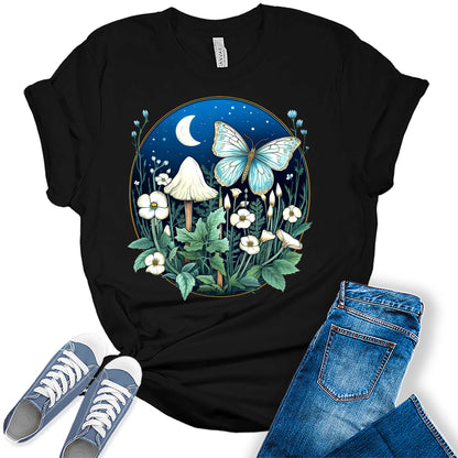 Trendy Butterfly Mushroom Moon Flowers Graphic Tees For Women