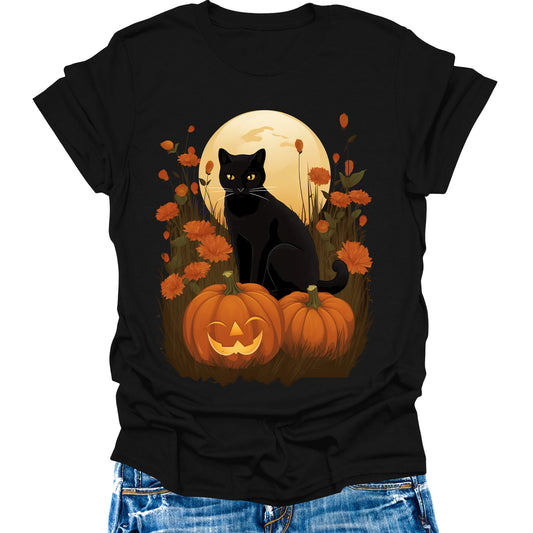 Fall Cat Shirts Womens Vintage Autumn Thanksgiving Graphic Tees Halloween Tops